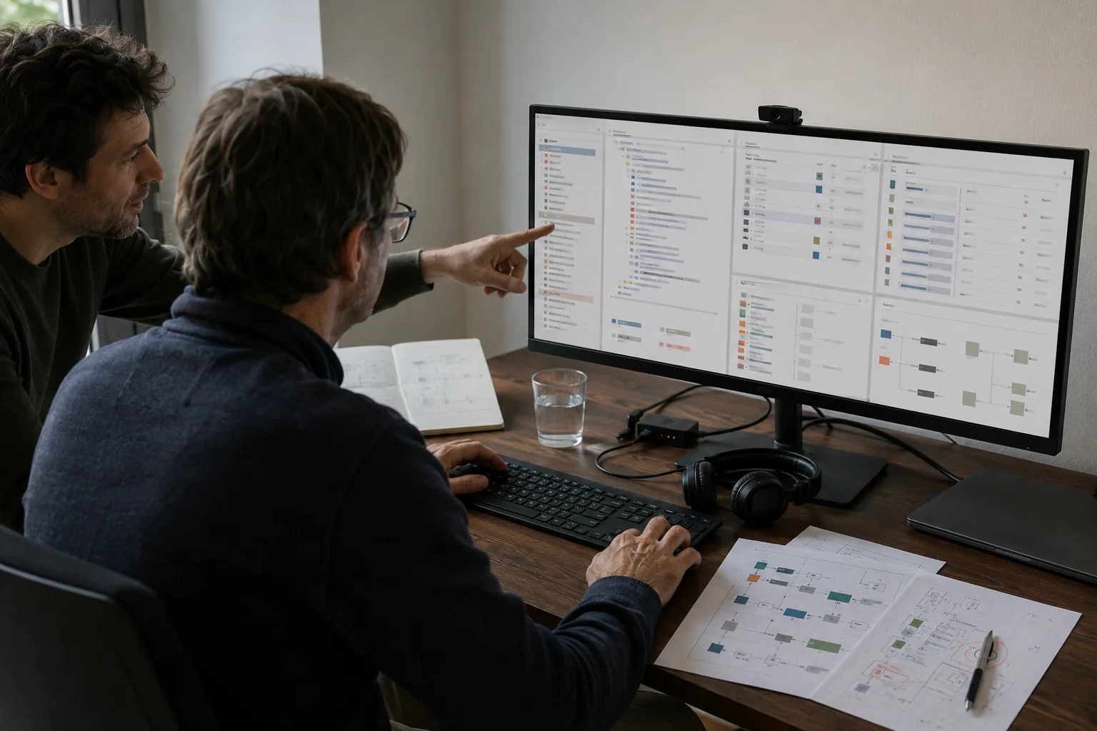 Dos profesionales coordinando software, documentación y flujo de trabajo